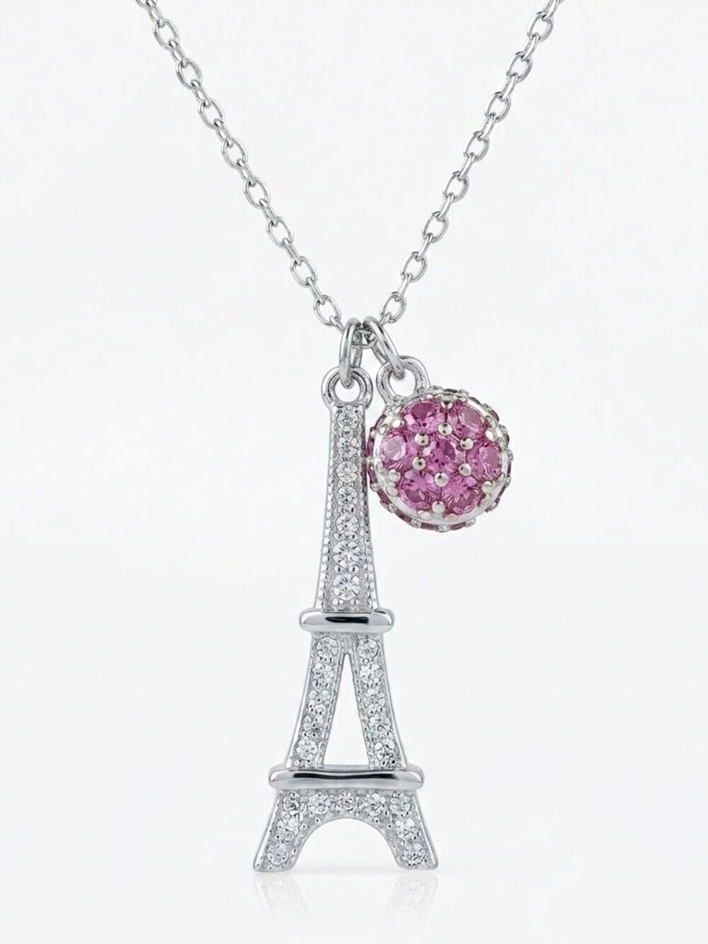 Paris Eiffel Tower and Pink Gemstone Macaron Necklace, 925 Sterling Silver